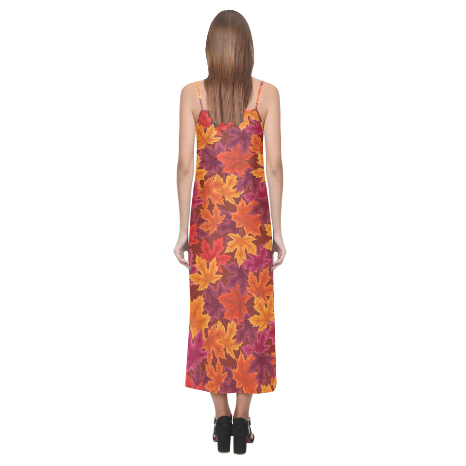 Autumn maple leaf pattern V-Neck Open Fork Long Dress