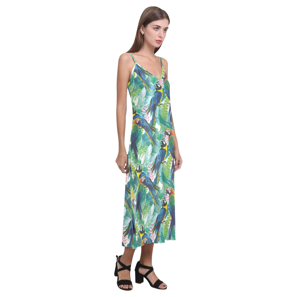 Colorful parrot exotic flower leaves V-Neck Open Fork Long Dress