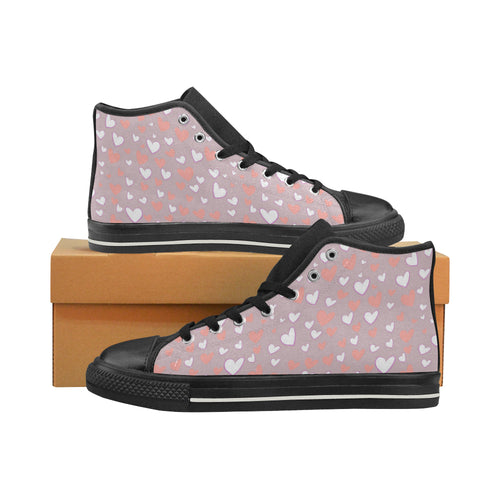 coral white heart pattern Women's High Top Canvas Shoes Black