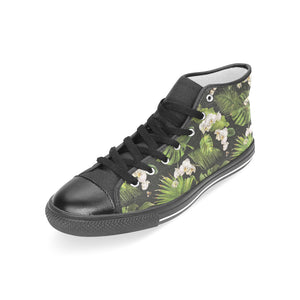 White orchid flower tropical leaves pattern blackg Women's High Top Canvas Shoes Black