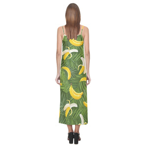 Banana Palm Leaves pattern V-Neck Open Fork Long Dress