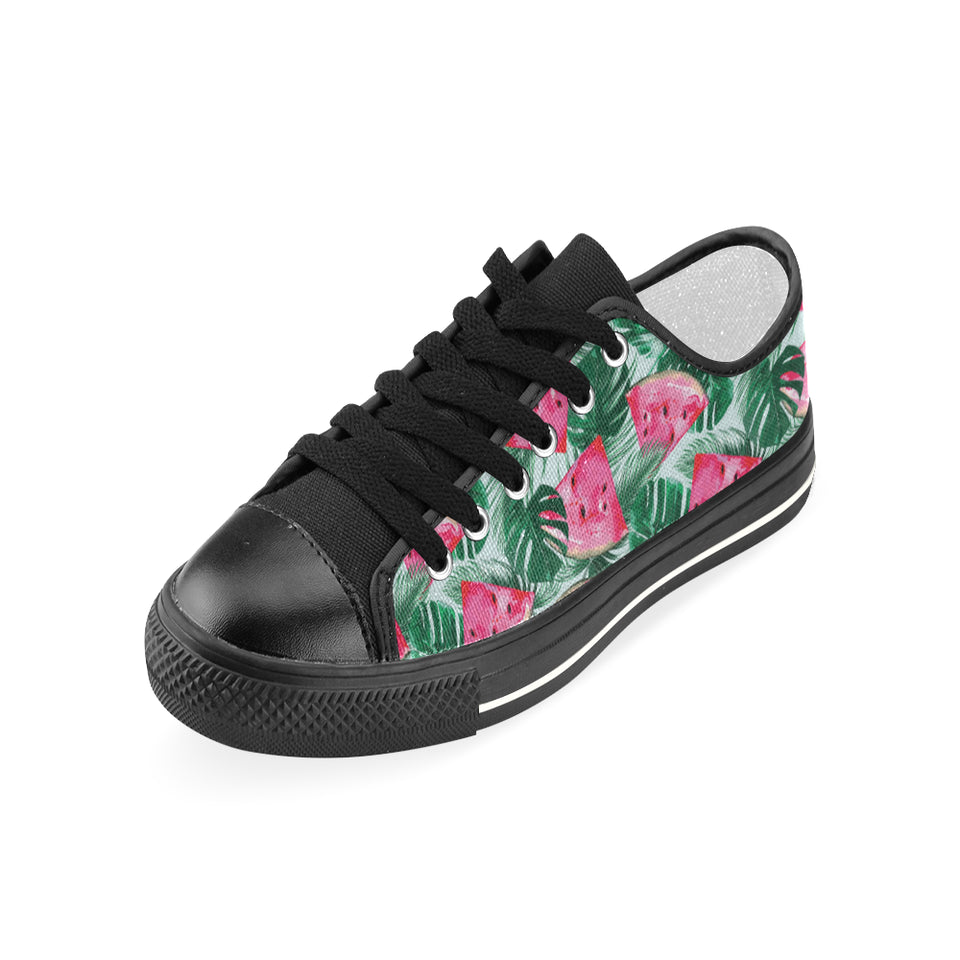 Watermelons tropical palm leaves pattern Women's Low Top Canvas Shoes Black