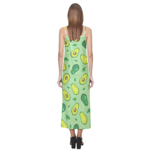 Avocado pattern green background V-Neck Open Fork Long Dress