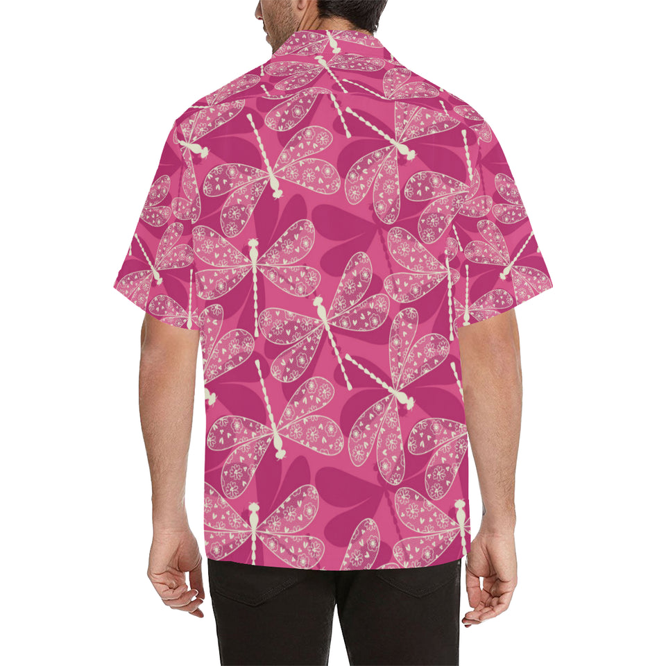 Beautiful dragonfly pink background Men's All Over Print Hawaiian Shirt