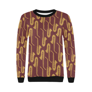 Hand drawn gold saxophone red background Women's Crew Neck Sweatshirt