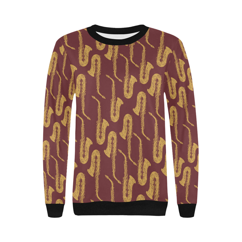 Hand drawn gold saxophone red background Women's Crew Neck Sweatshirt