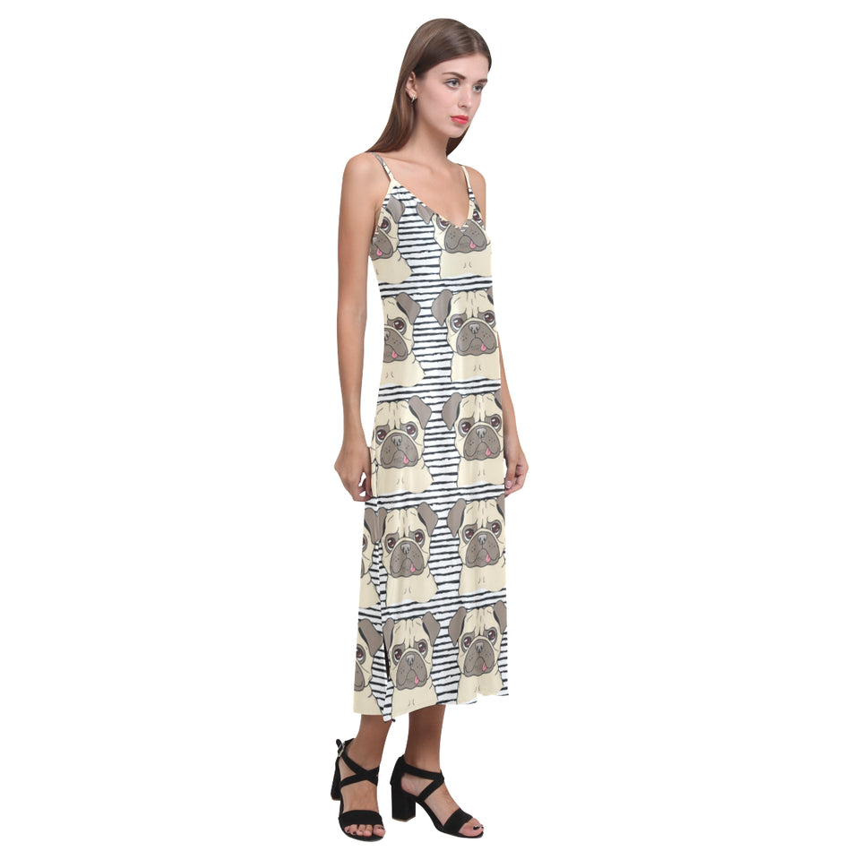 Happy pug pattern V-Neck Open Fork Long Dress