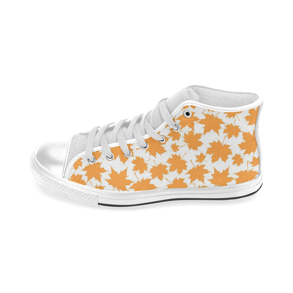 Orange Maple Leaf pattern Men's High Top Canvas Shoes White