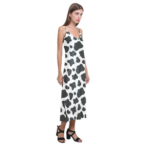 Cow skin pattern V-Neck Open Fork Long Dress