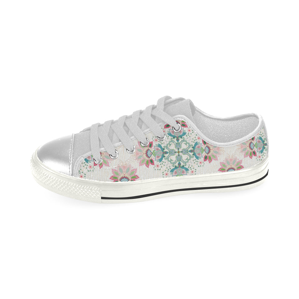 Square floral indian flower pattern Women's Low Top Canvas Shoes White