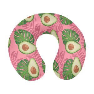 Avocado slices leaves pink back ground U-Shaped Travel Neck Pillow