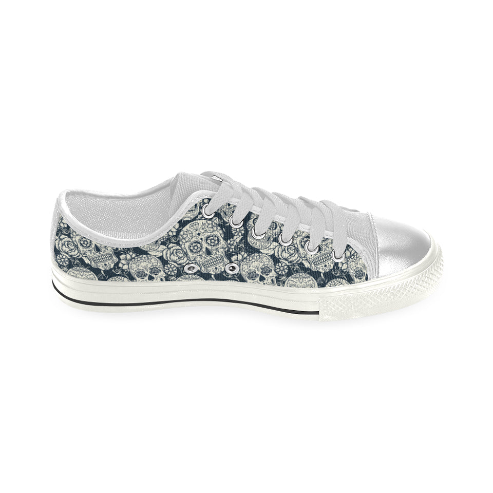 Sugar skull black white pattern Women's Low Top Canvas Shoes White