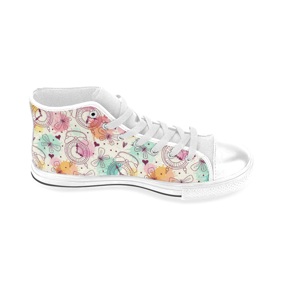 Clock butterfly pattern Men's High Top Canvas Shoes White