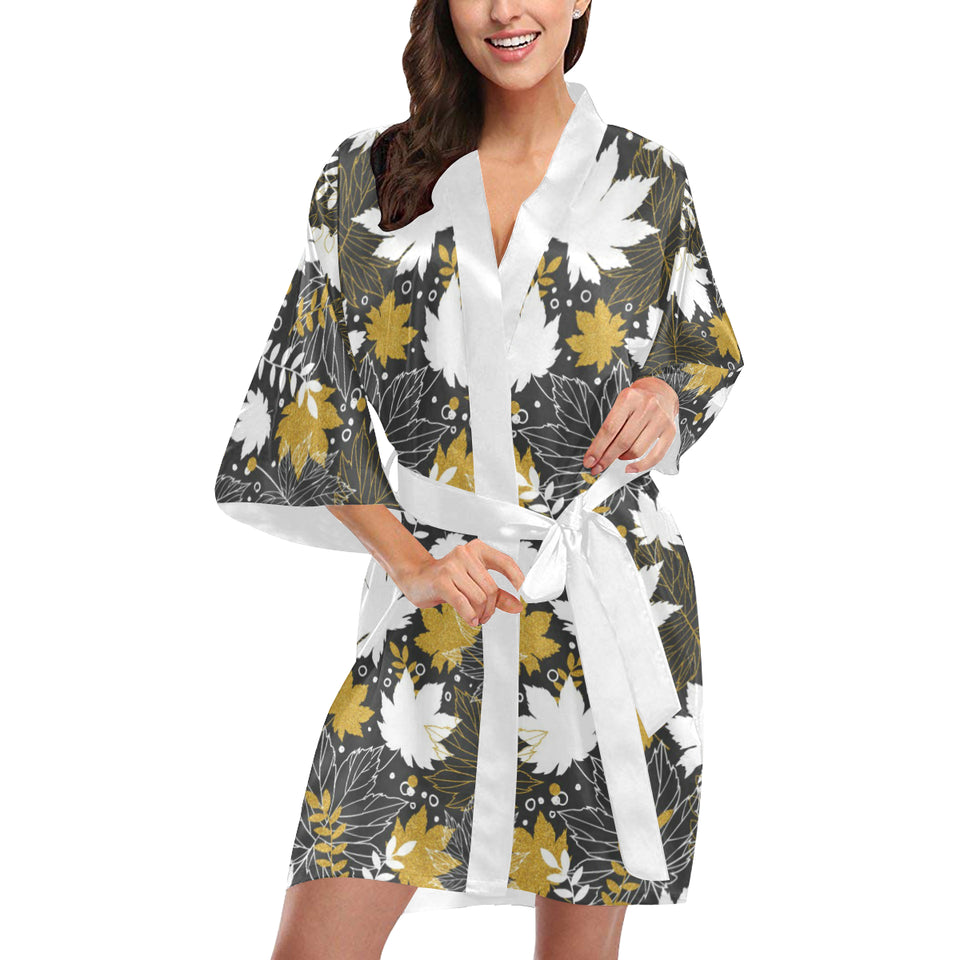 Beautiful gold autumn maple leaf pattern Women's Short Kimono Robe