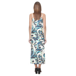 Japanese wave pattern V-Neck Open Fork Long Dress