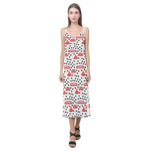 Red mushroom dot pattern V-Neck Open Fork Long Dress