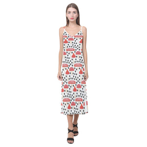 Red mushroom dot pattern V-Neck Open Fork Long Dress