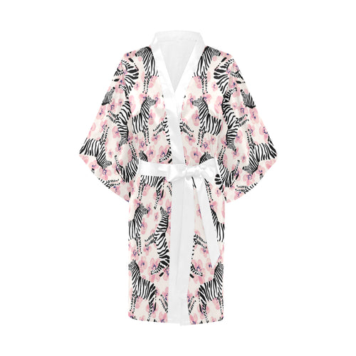 Zebra pink flower background Women's Short Kimono Robe