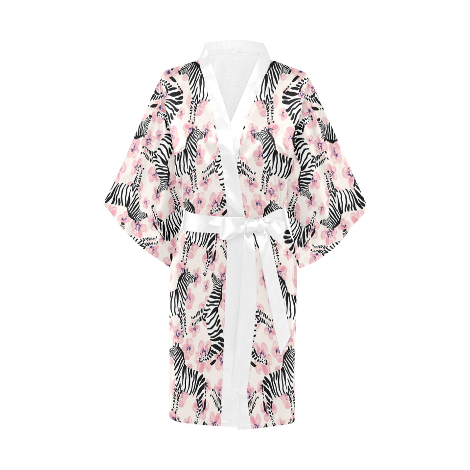Zebra pink flower background Women's Short Kimono Robe