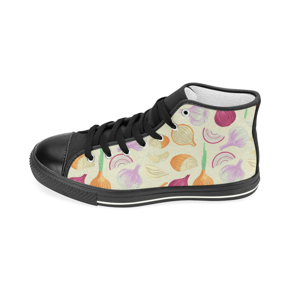 Onion garlic white red pattern Women's High Top Canvas Shoes Black