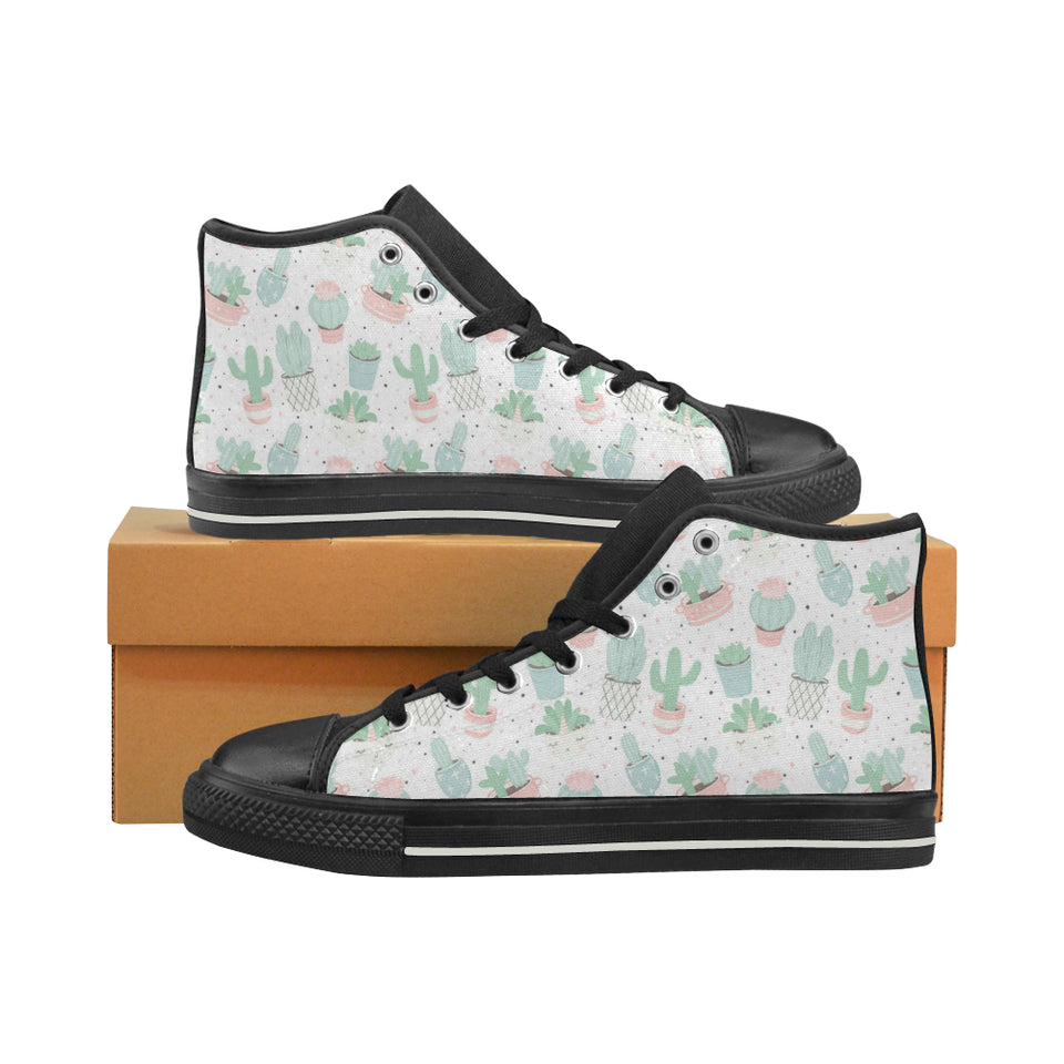 Pastel color cactus pattern Men's High Top Canvas Shoes Black