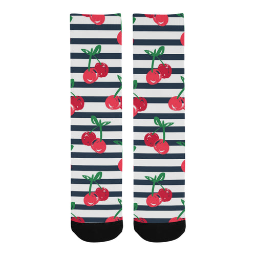 Hand drawn cherry pattern striped background Crew Socks