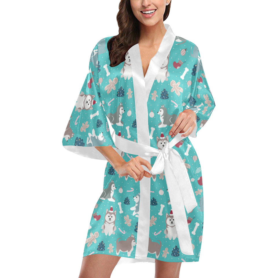 Christmas cute siberian husky puppie pattern Women's Short Kimono Robe