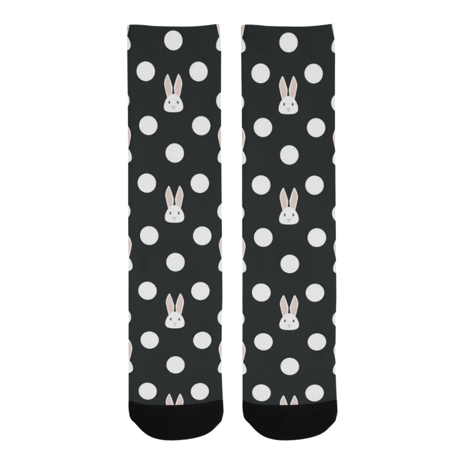 Cute white rabbit polka dots black background Crew Socks