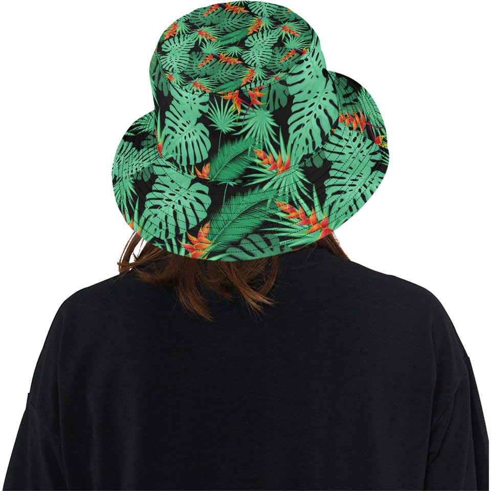 heliconia flower palm monstera leaves black backgr Unisex Bucket Hat