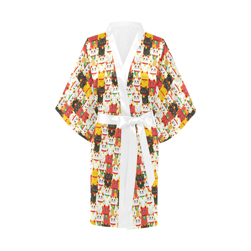 Colorful Maneki neko cat pattern Women's Short Kimono Robe