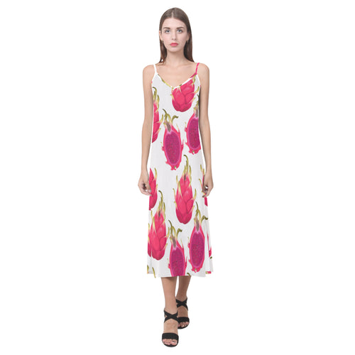 dragon fruits design pattern V-Neck Open Fork Long Dress