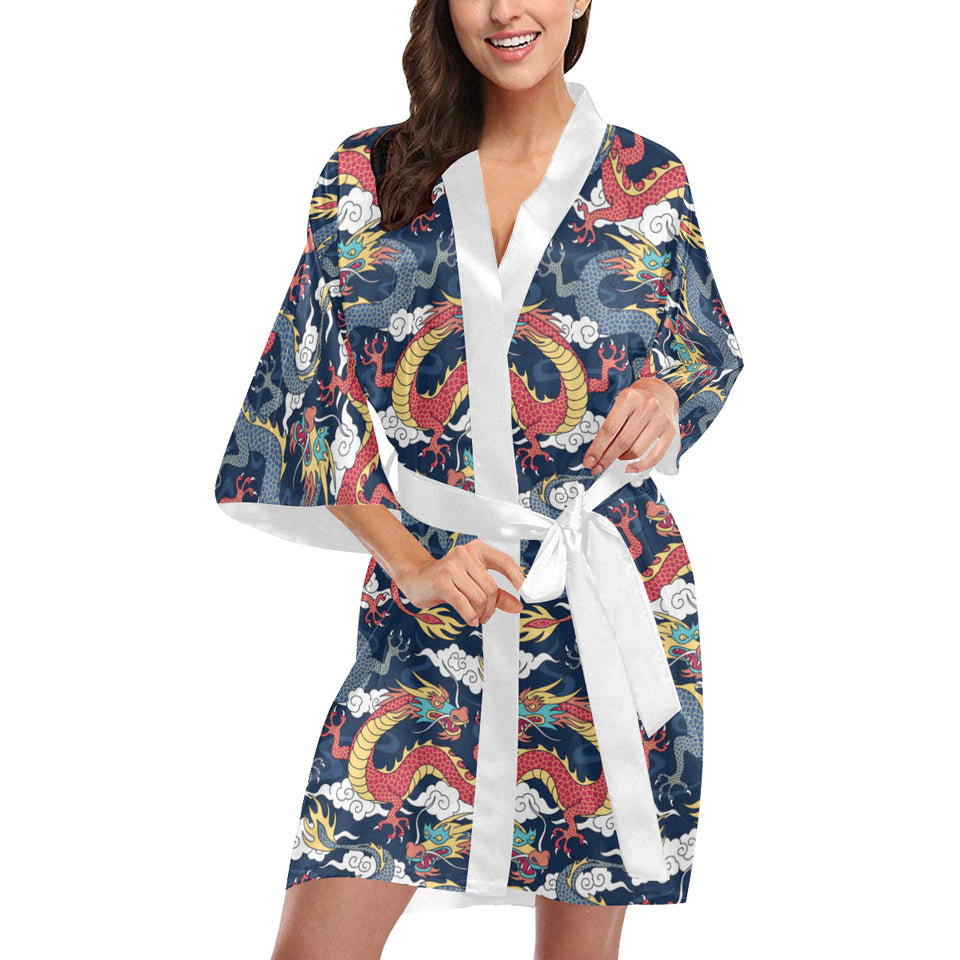 Blue red dragon cloud pattern Women's Short Kimono Robe