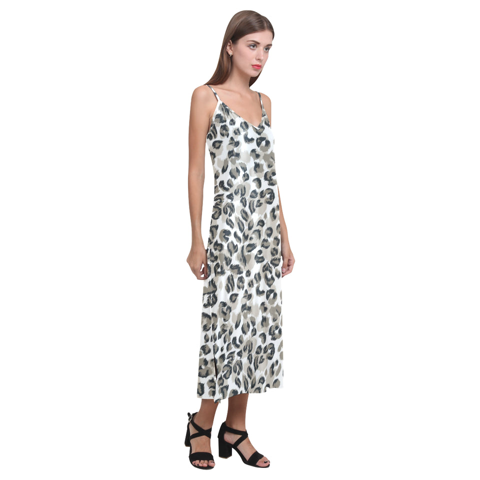Leopard skin print pattern V-Neck Open Fork Long Dress