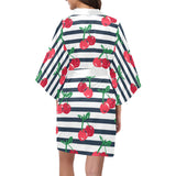 Hand drawn cherry pattern striped background Women's Short Kimono Robe