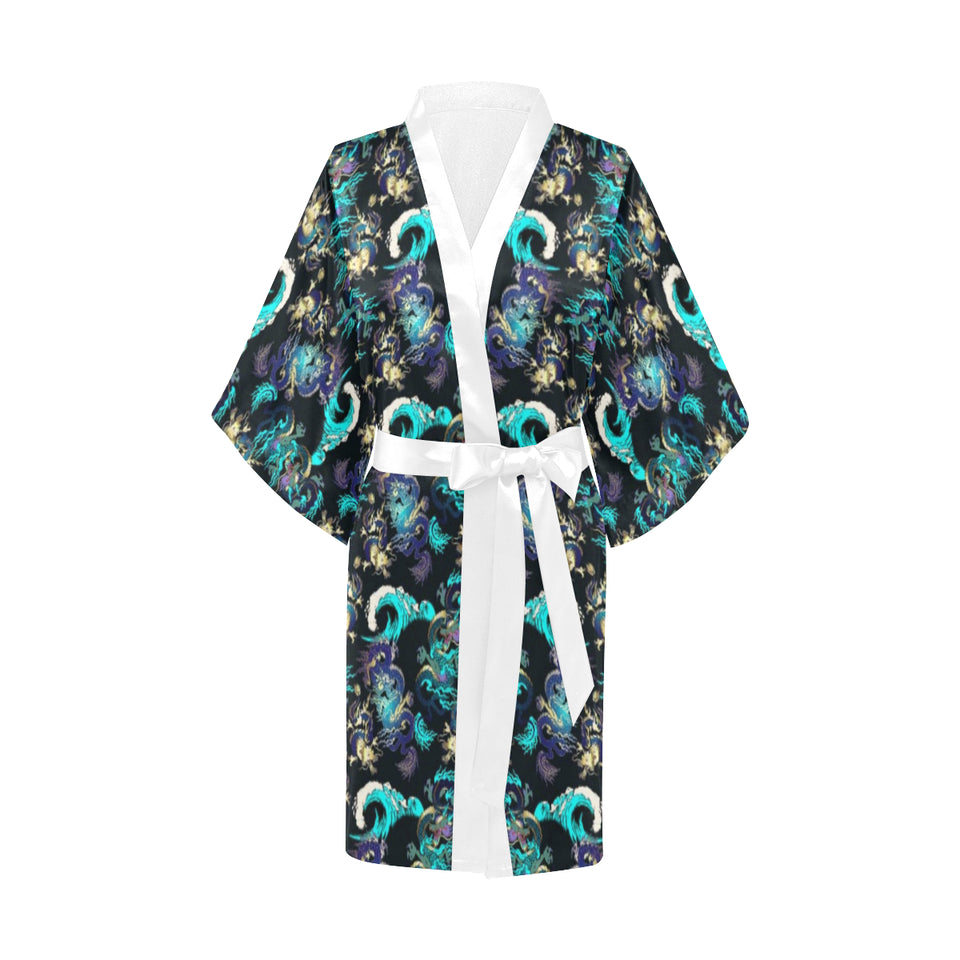 Dragon sea wave pattern Women's Short Kimono Robe