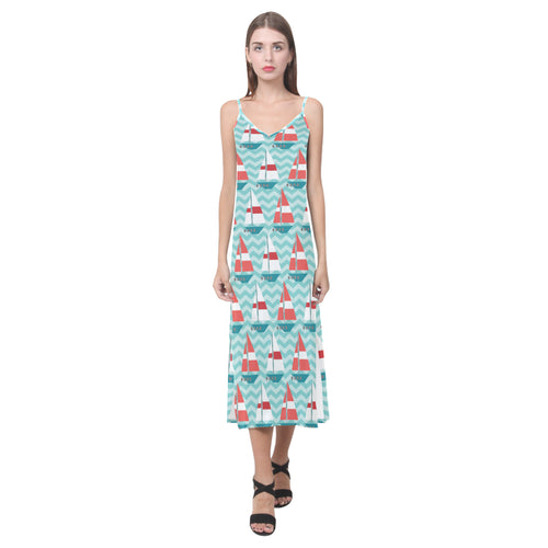 Red White sailboat wave background V-Neck Open Fork Long Dress