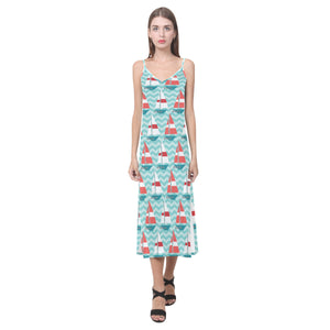 Red White sailboat wave background V-Neck Open Fork Long Dress
