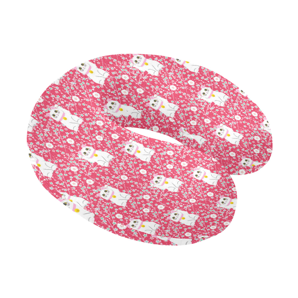 Maneki neko cat sakura pink background U-Shaped Travel Neck Pillow