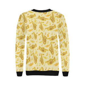 Saxophone cornet pattern yellow background Women's Crew Neck Sweatshirt