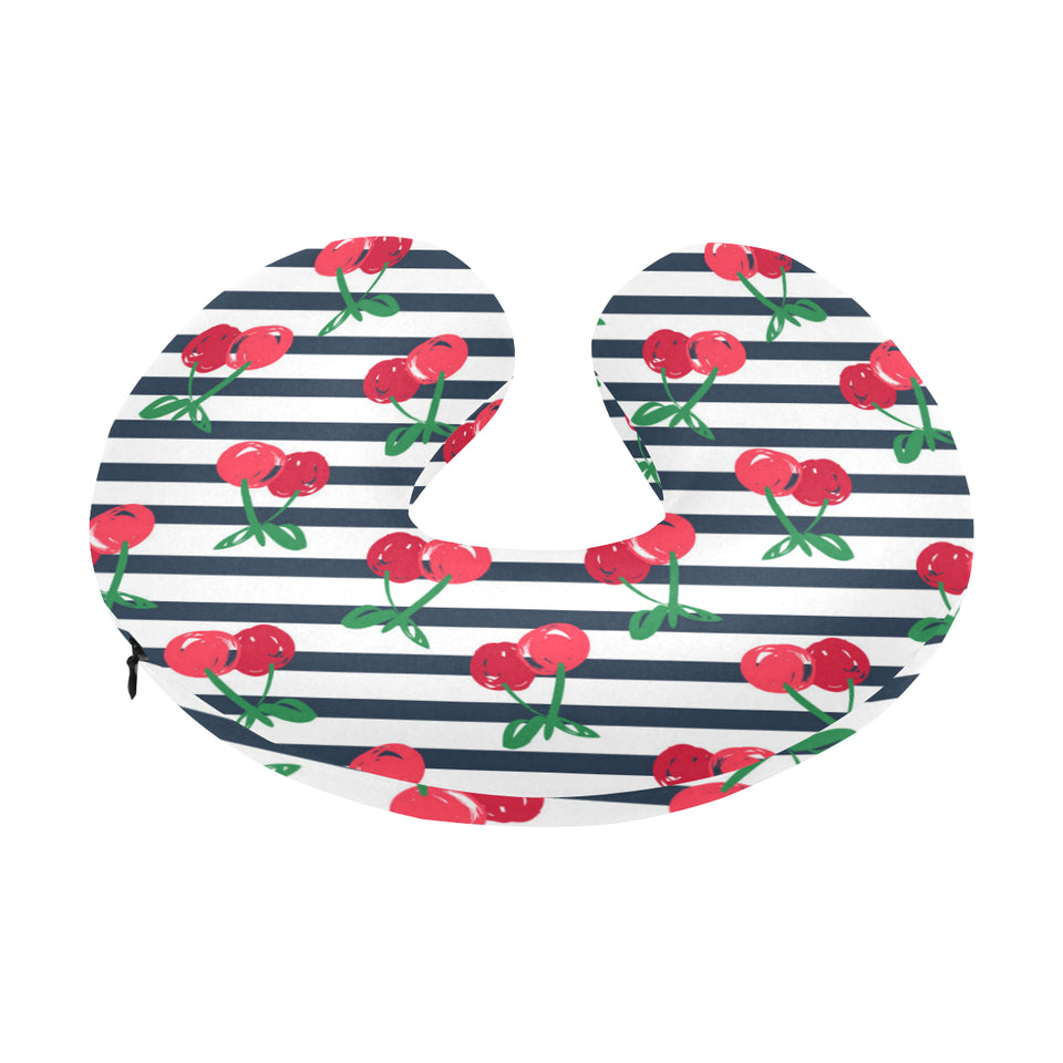 Hand drawn cherry pattern striped background U-Shaped Travel Neck Pillow