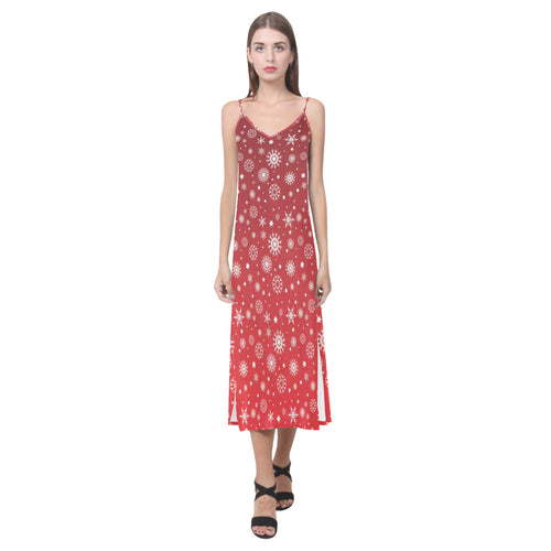 Snowflake pattern red background V-Neck Open Fork Long Dress