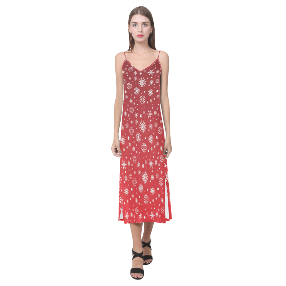Snowflake pattern red background V-Neck Open Fork Long Dress