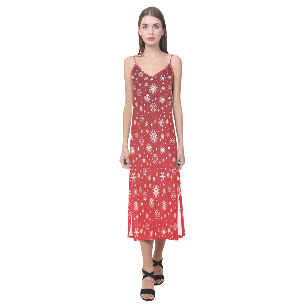 Snowflake pattern red background V-Neck Open Fork Long Dress