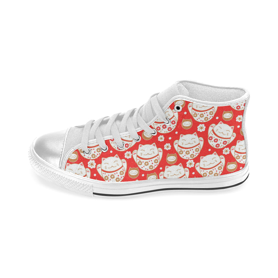 Cute Maneki neko cat red background Women's High Top Canvas Shoes White