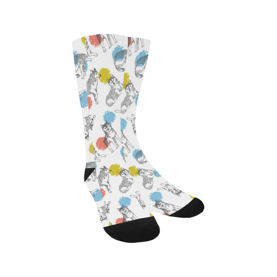 Siberian husky and colorful circle pattern Crew Socks