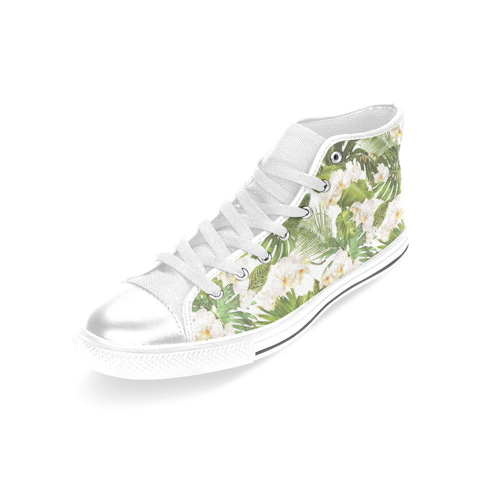 White orchid flower tropical leaves pattern Women's High Top Canvas Shoes White