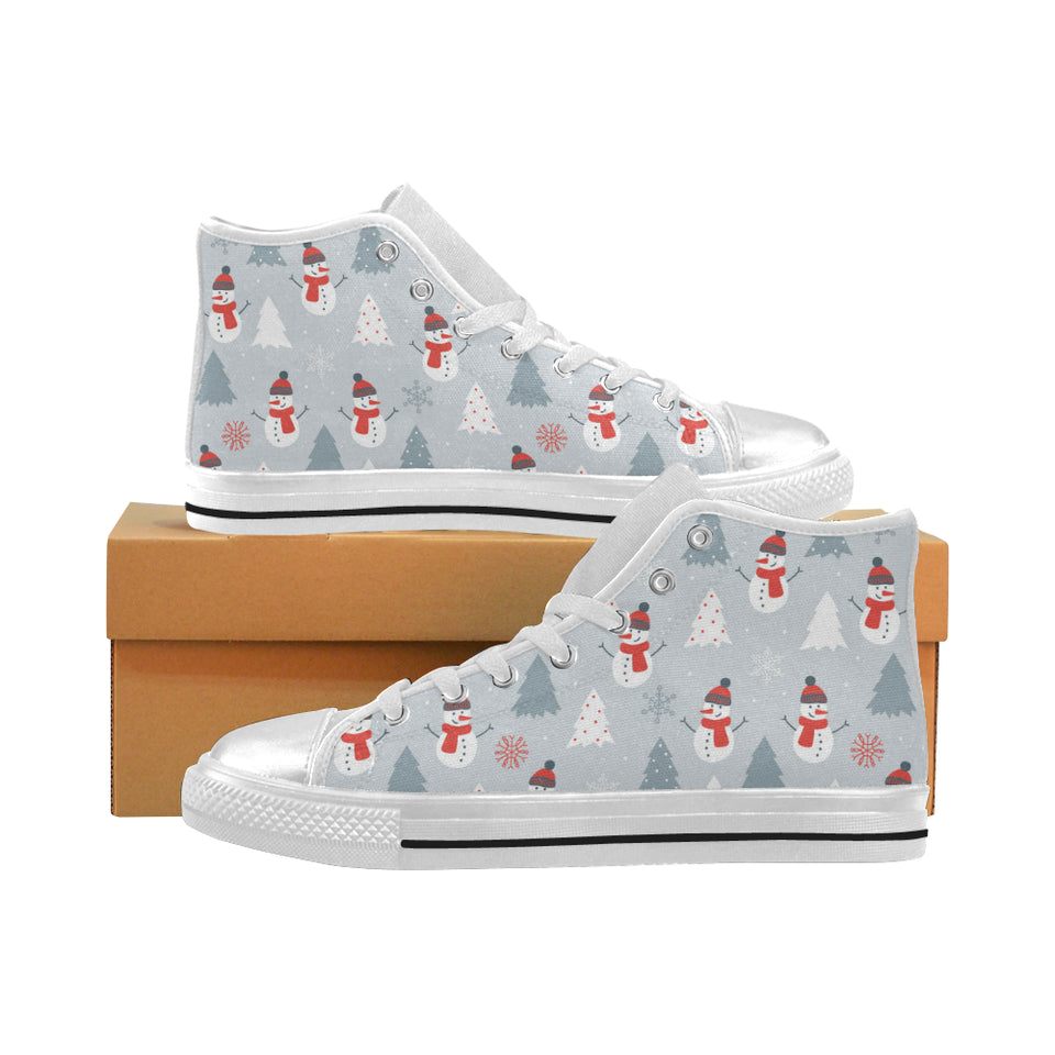 Snowman christmas  tree snow gray background Women's High Top Canvas Shoes White