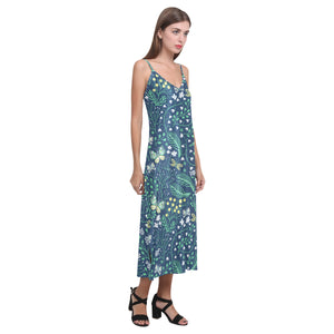butterfly leaves pattern V-Neck Open Fork Long Dress