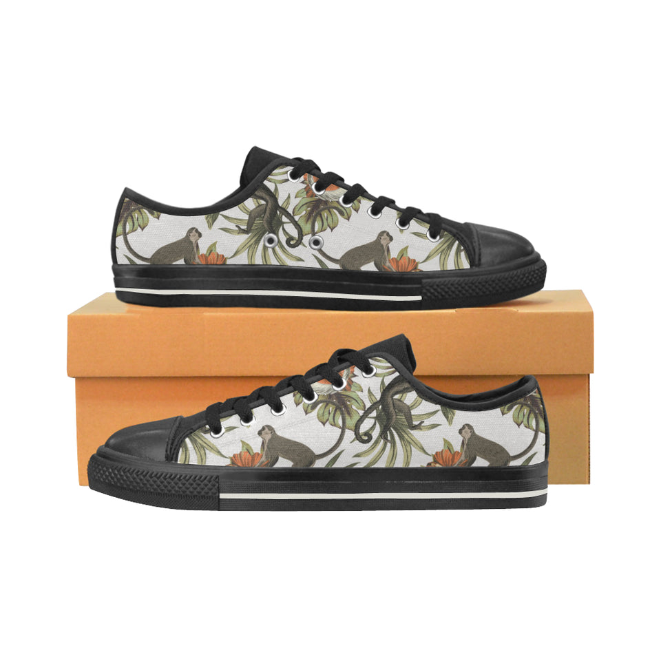 Monkey red hibiscus flower palm leaves floral patt Men's Low Top Canvas Shoes Black
