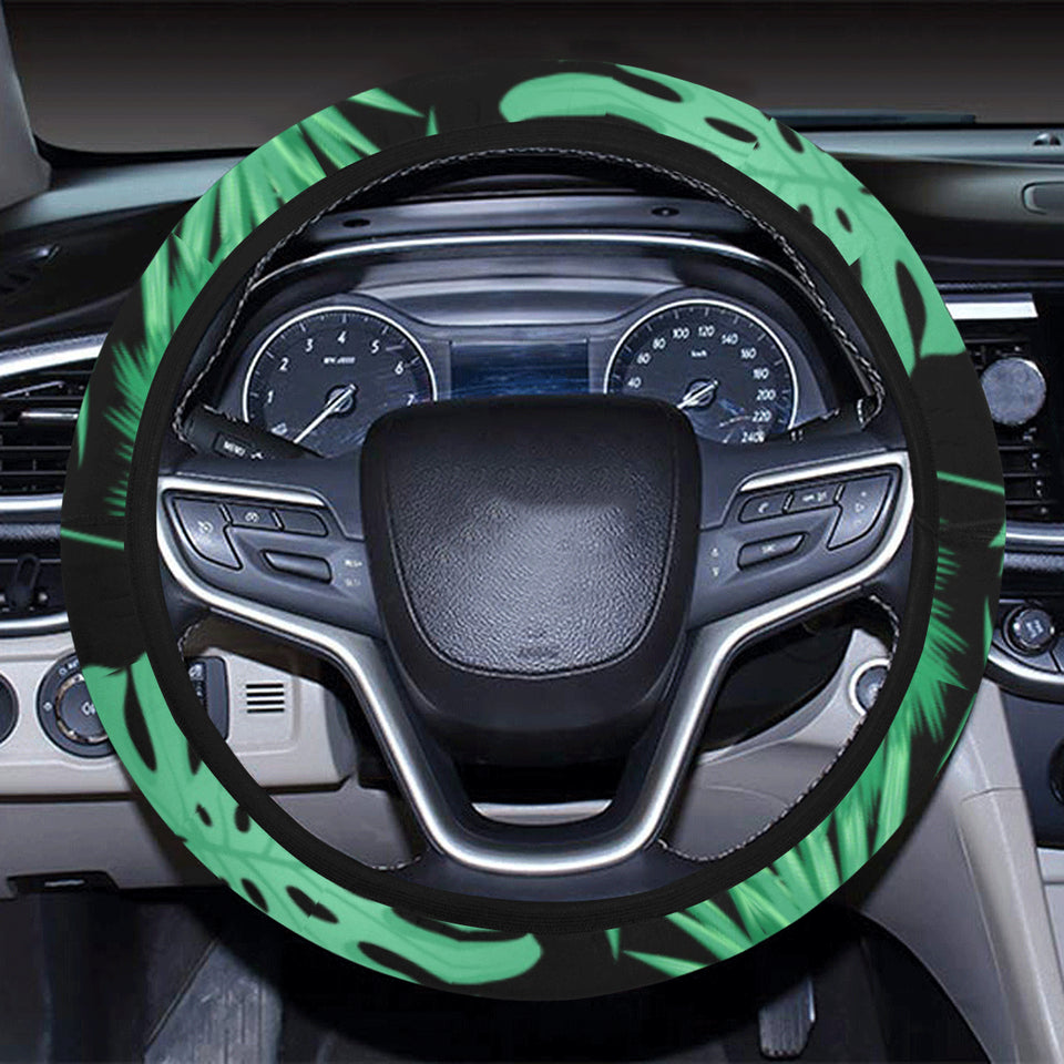 heliconia flower palm monstera leaves black backgr Car Steering Wheel Cover